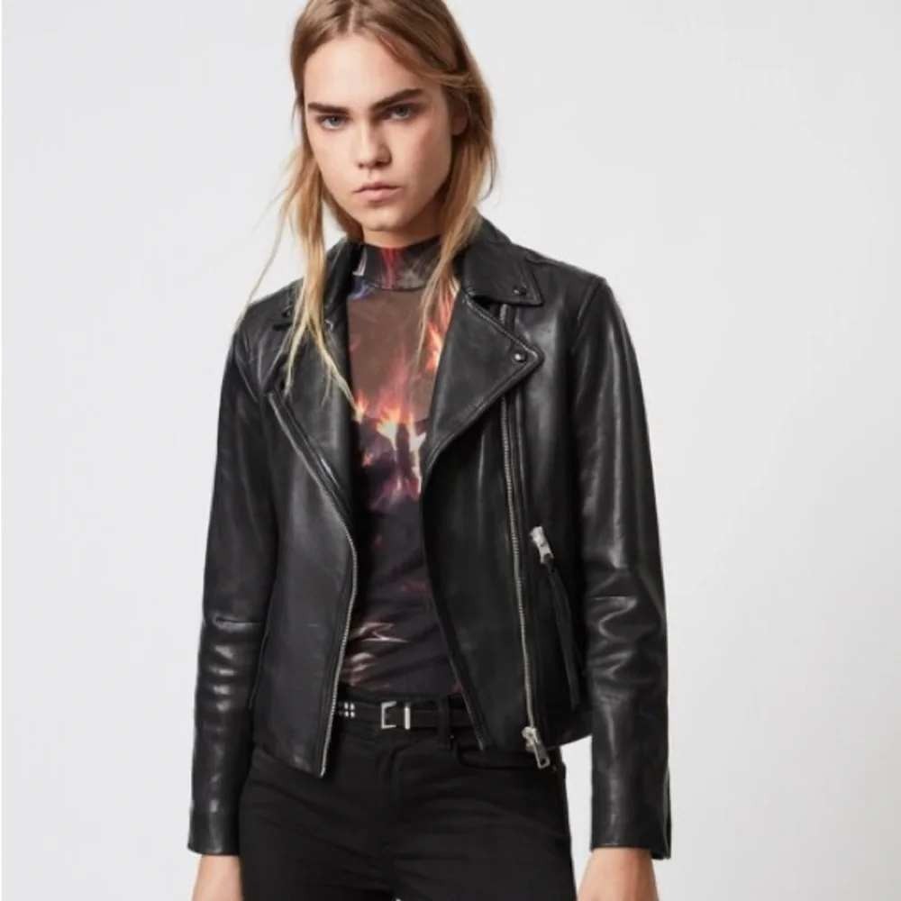 All Saints women lambskin leather moto jacket size 6 black Dalby slim fit biker